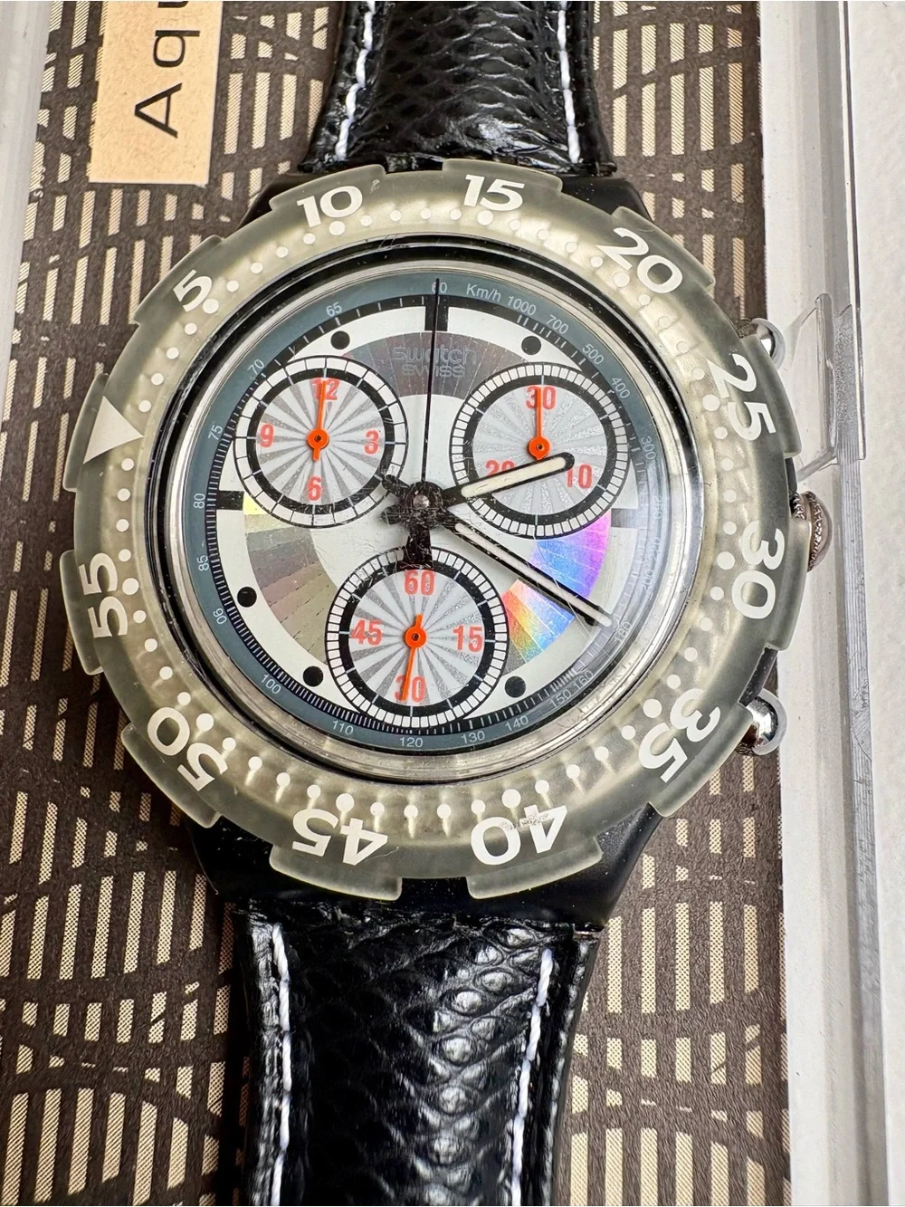 Swatch Iridescent Dial Chronograph with Black Leather Strap